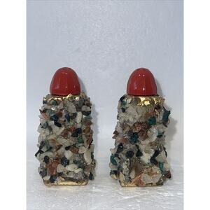 Set Of 2 Beautiful Gold Gilt Gemstones Salt & Pepper Shakers Minerals Vintage